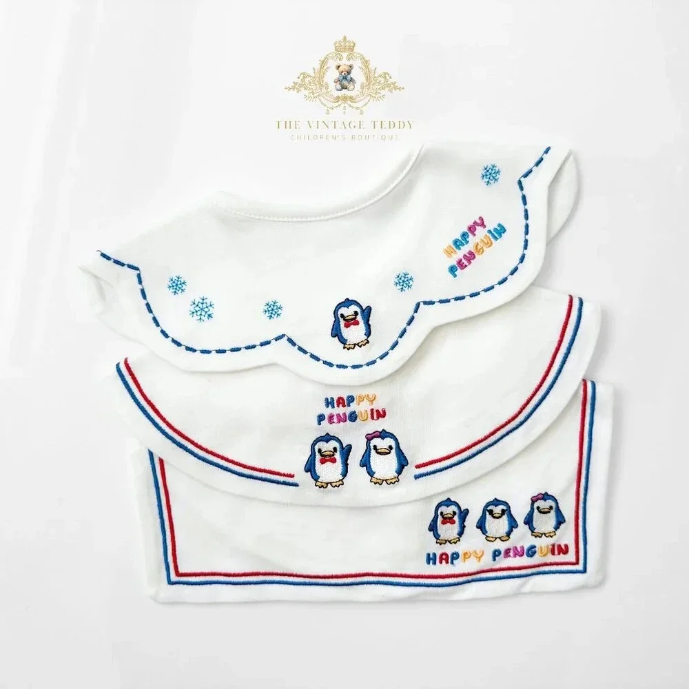 NWT Adorable Boutique Embroidered Baby Bibs Cute Happy Little Penguins Set of 3